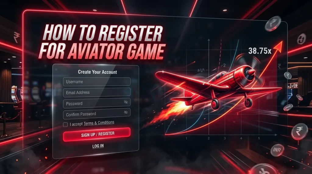 Guide graphic titled "How to Register for Aviator Game" showing an account creation form alongside a red propeller plane climbing a growth chart with a 38.75x multiplier and floating Indian Rupee coins.