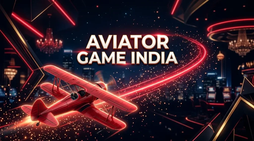 Promotional banner for "Aviator Game India" featuring a red biplane flying through a glowing red light streak in a dark luxury casino setting with city skyline views.